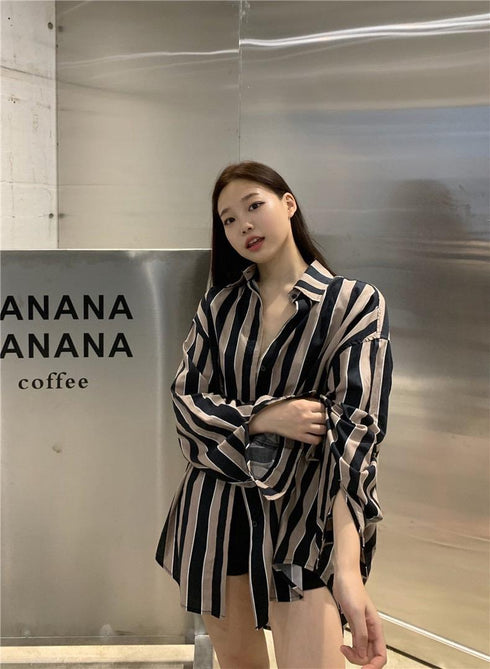 Long Sleeves Strip Collar Down Shirts